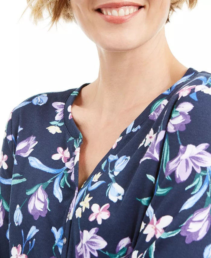 Karen Scott Blusa Henley Estampada Floral Feminina Azul Marinho Tamanho Grande