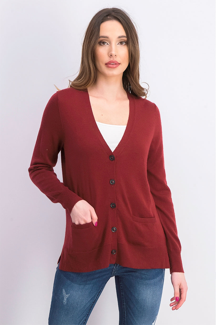 Cardigan feminino de lã merino com decote em V, tamanho grande, vinho, Charter Club