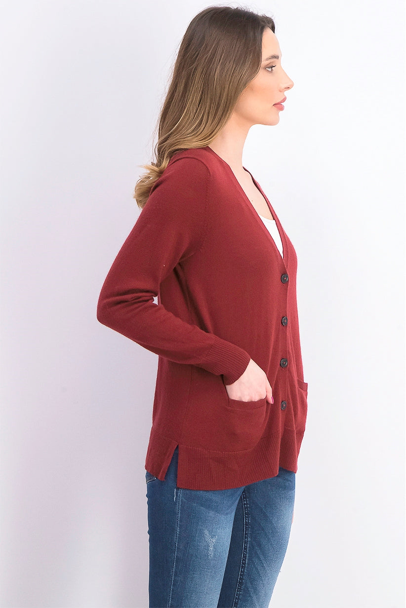 Cardigan feminino de lã merino com decote em V, tamanho grande, vinho, Charter Club