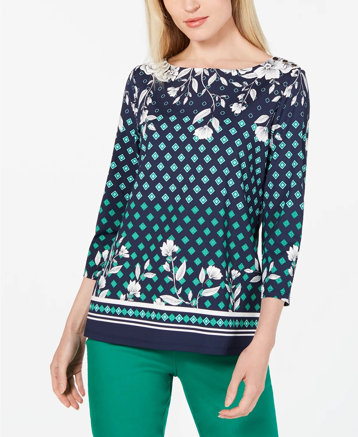 Charter Club Blusa feminina estampada com decote canoa, azul, tamanho médio