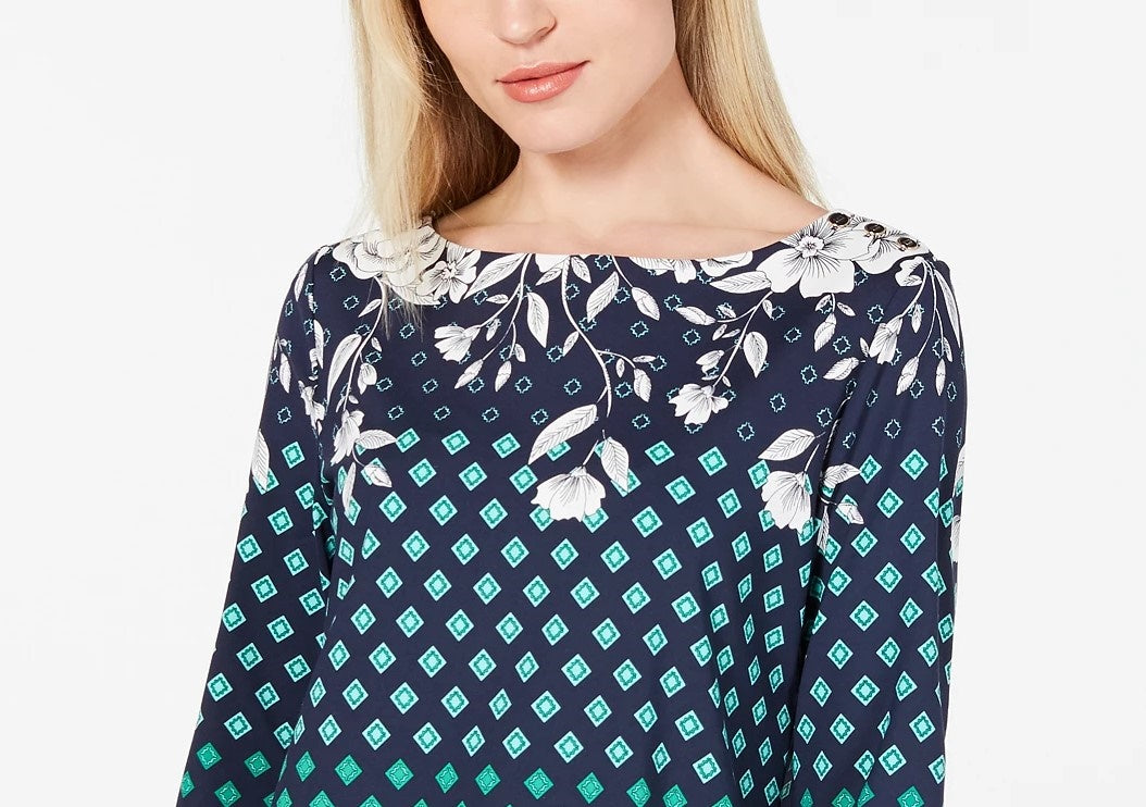 Charter Club Blusa feminina estampada com decote canoa, azul, tamanho médio