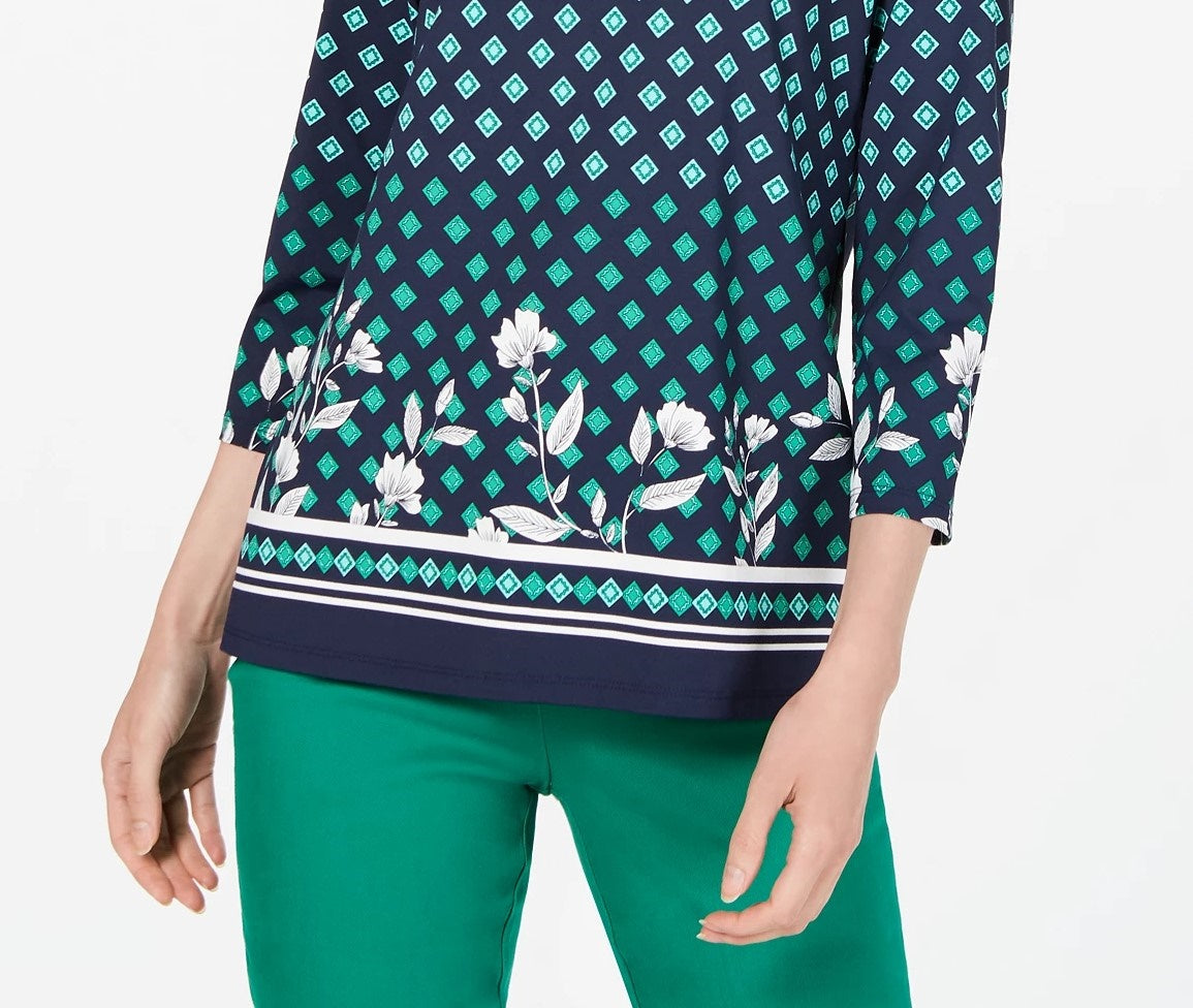 Charter Club Blusa feminina estampada com decote canoa, azul, tamanho médio