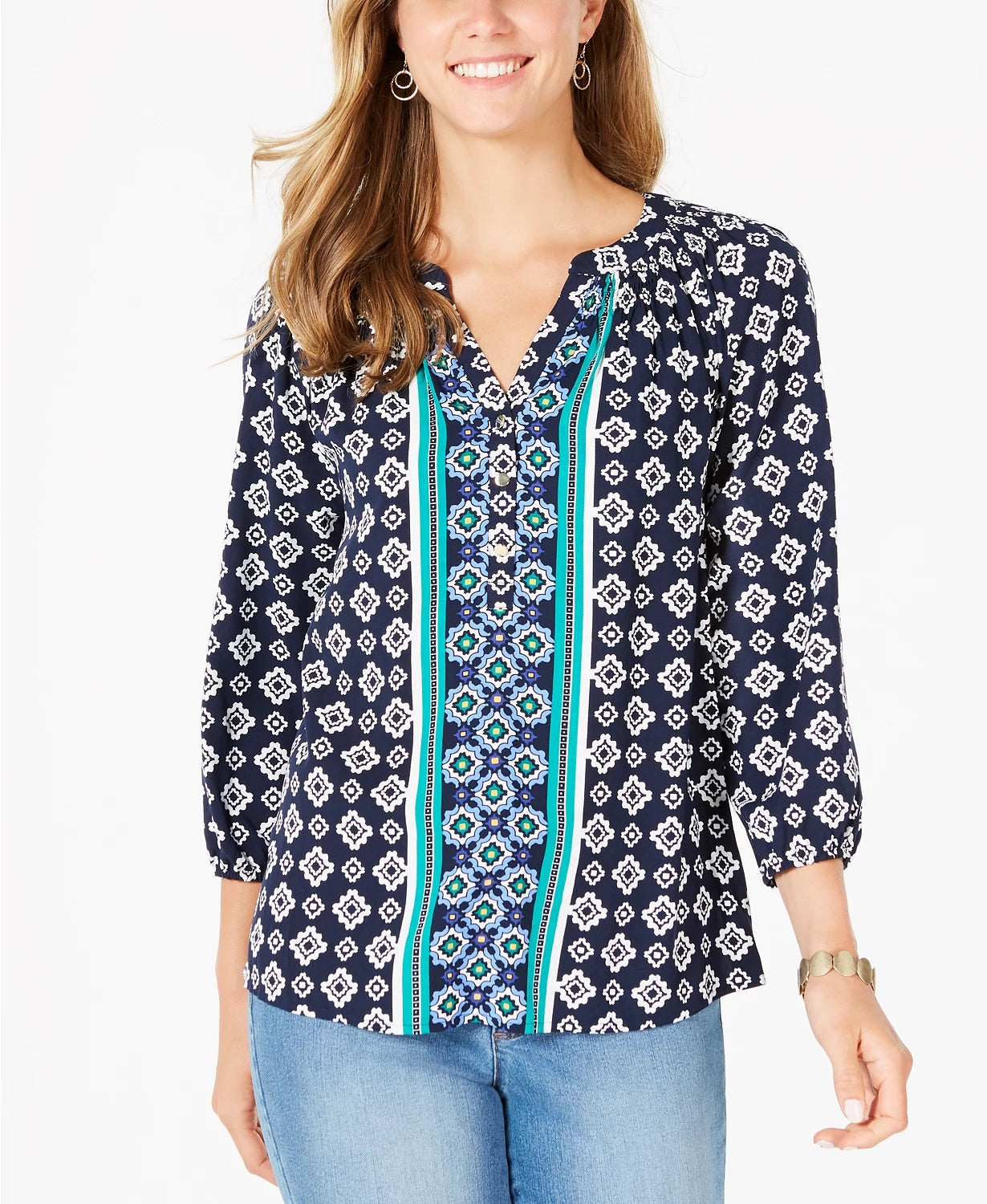 Top feminino estampado com decote dividido e manga 3/4, azul, tamanho extrapequeno