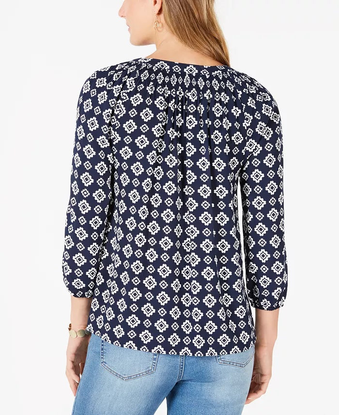 Top feminino estampado com decote dividido e manga 3/4, azul, tamanho extrapequeno