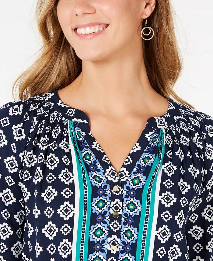 Top feminino estampado com decote dividido e manga 3/4, azul, tamanho extrapequeno