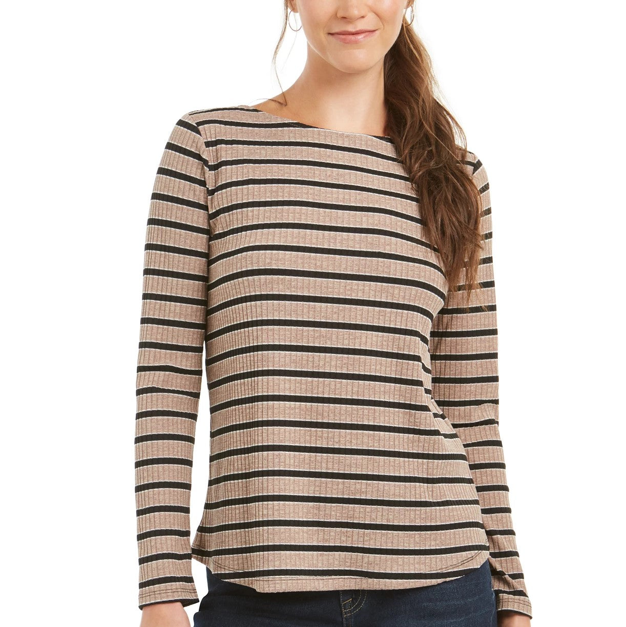Charter Club Blusa feminina de manga comprida mesclada, bege escuro, tamanho extragrande