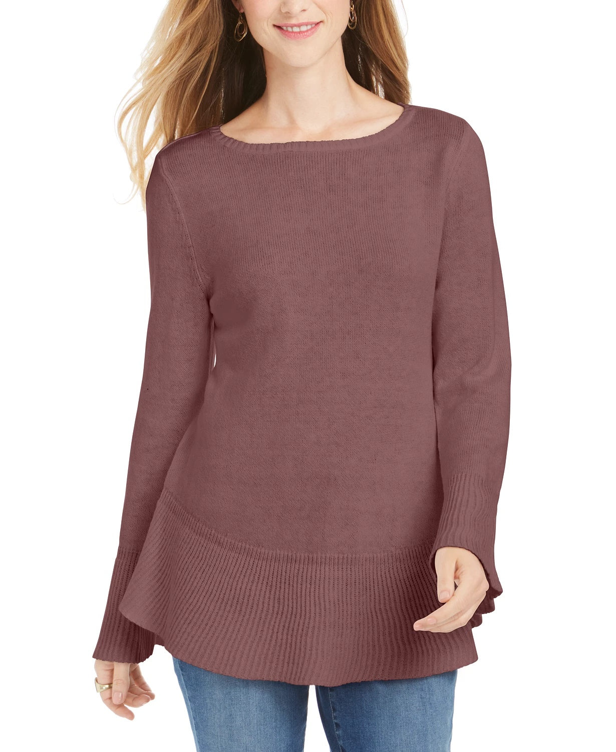 Suéter de malha com babados e bainha plissada feminino Style &amp; Co, tamanho médio, roxo, pequeno