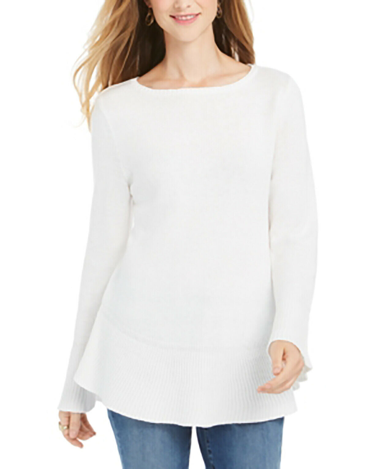 Suéter de malha com babados e bainha plissada feminino Style &amp; Co, tamanho grande, branco