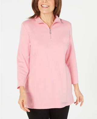 Karen Scott Blusa de algodão feminina com meio zíper e gola alta, rosa escuro, tamanho pequeno