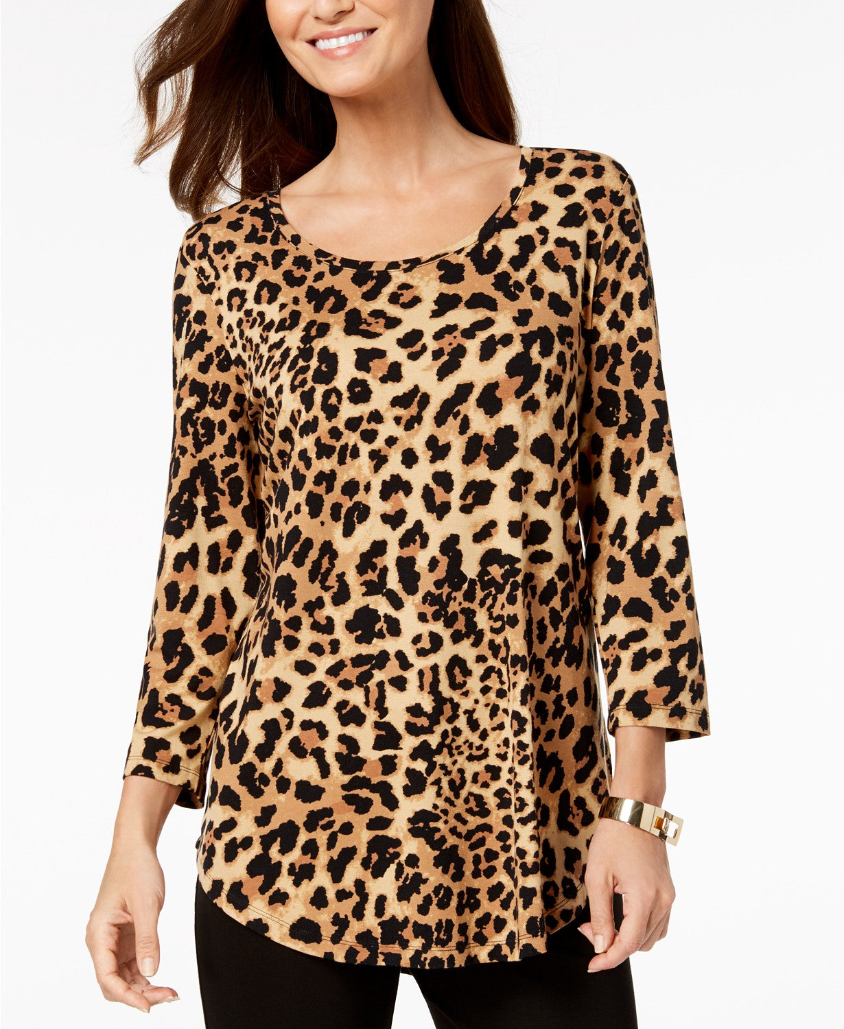 Blusa estampada feminina JM Collection manga 3/4 marrom tamanho médio
