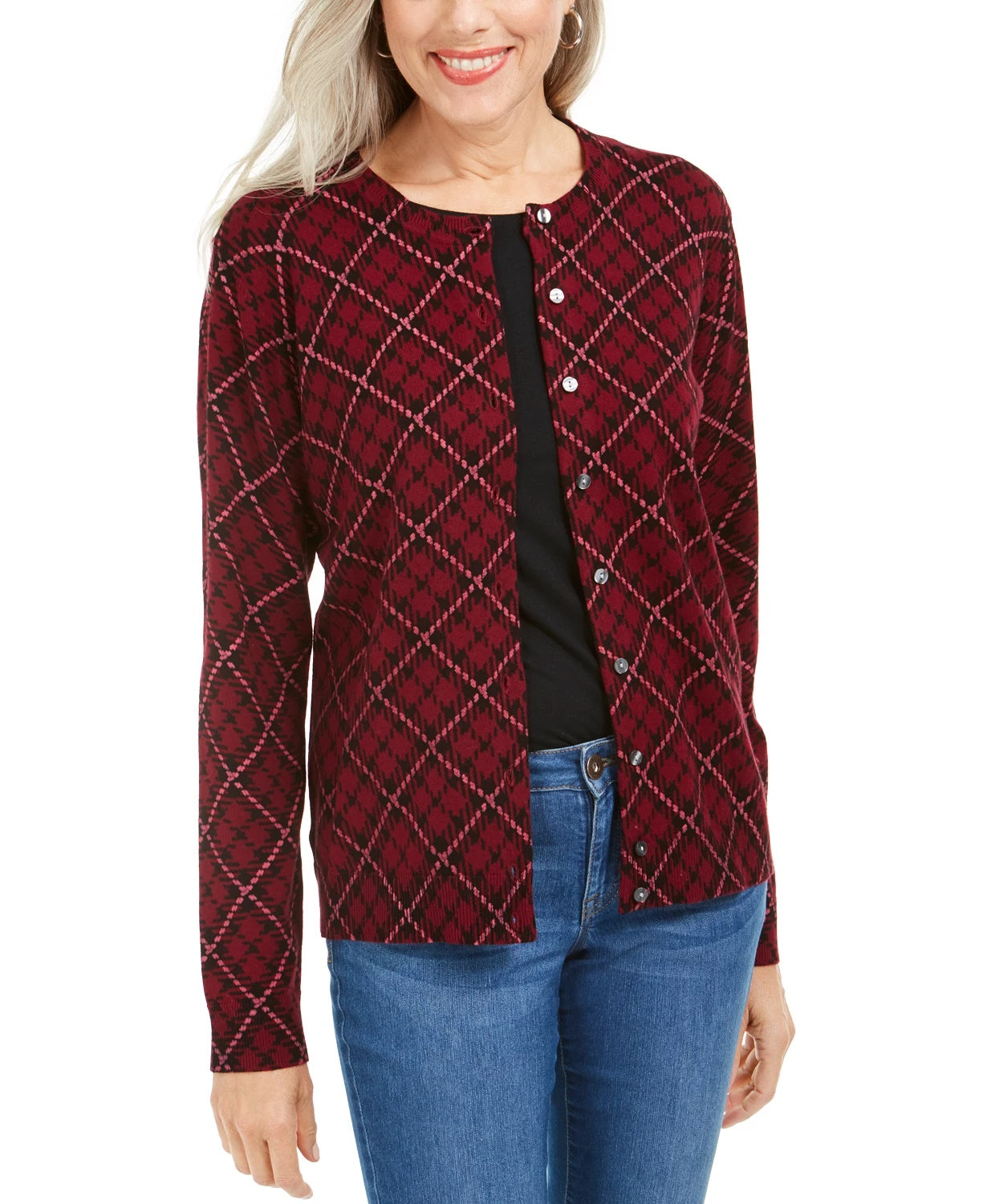Karen Scott Cardigan feminino com estampa xadrez para festas, vermelho, tamanho extragrande