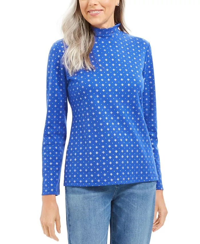 Karen Scott Blusa Feminina com Estampa de Flocos de Neve e Gola Alta Azul Escuro Tamanho Pequeno Médio