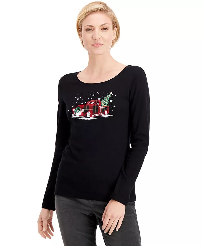 Karen Scott Blusa de algodão xadrez feminina, tamanho grande, preta