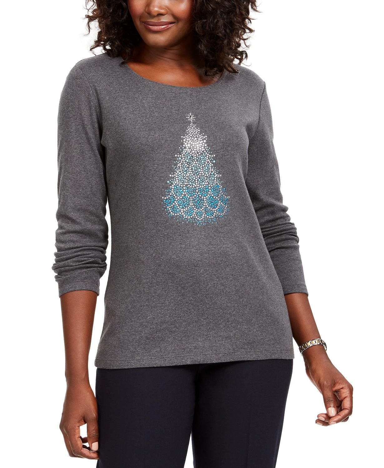 Camiseta feminina Karen Scott de algodão com estampa de Natal, tamanho médio, cor carvão