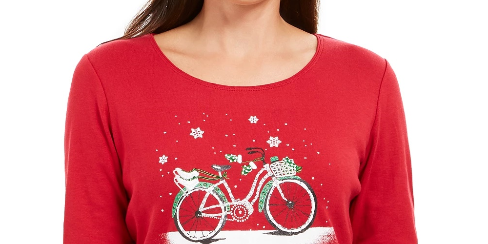 Karen Scott Camiseta Feminina Snow Bike Algodão Vermelho Brilhante Tamanho Médio