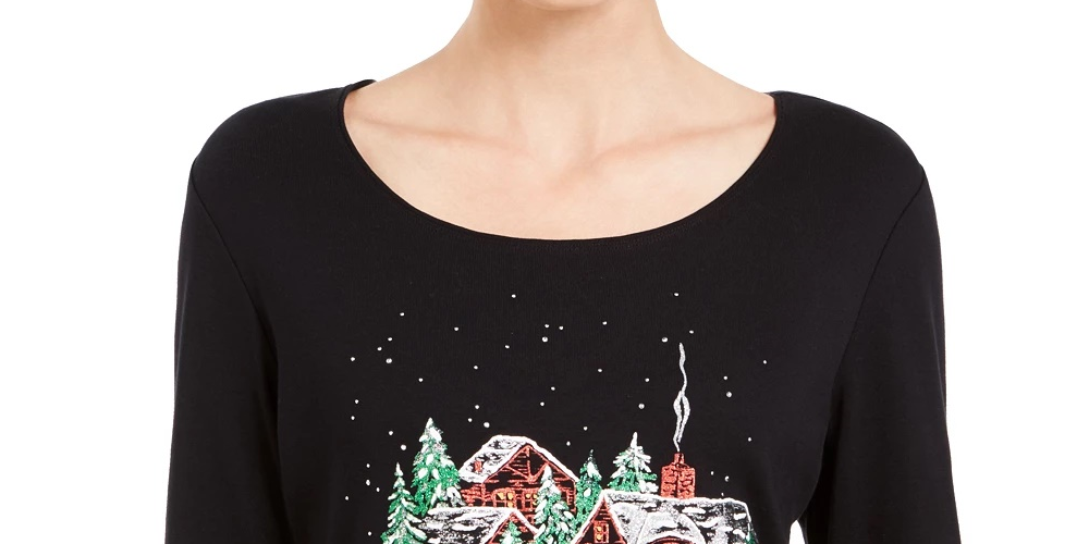 Camisa feminina Karen Scott com estampa de glitter para festas, preta, tamanho pequeno