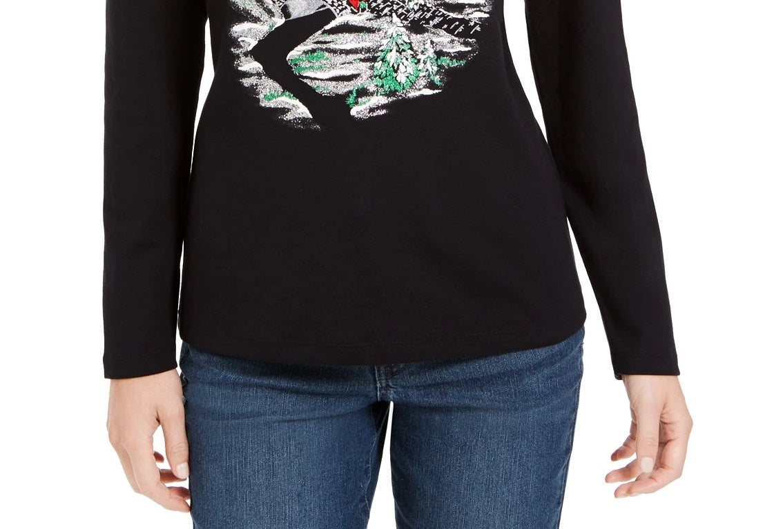 Camisa feminina Karen Scott com estampa de glitter para festas, preta, tamanho pequeno