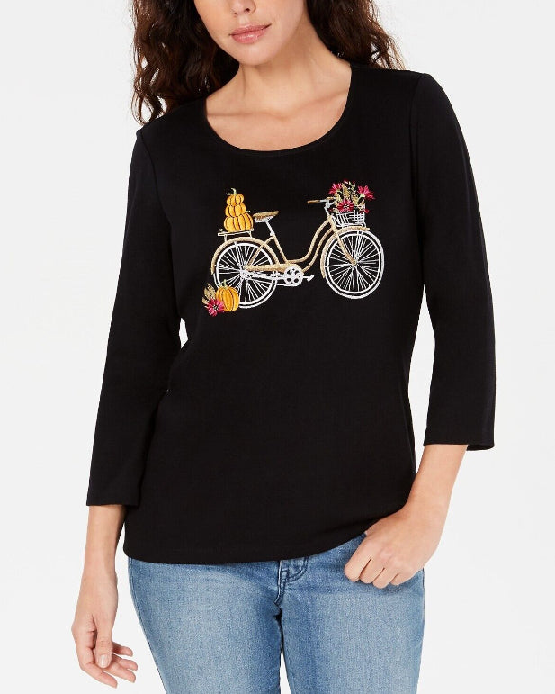 Karen Scott Top de bicicleta de algodão com detalhes femininos, preto, tamanho grande