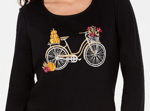 Karen Scott Top de bicicleta de algodão com detalhes femininos, preto, tamanho grande