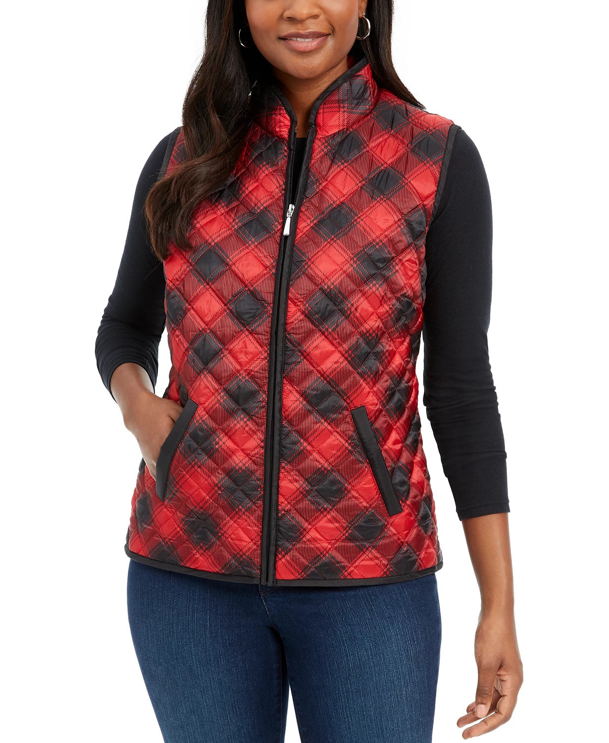 Colete esportivo feminino Karen Scott xadrez puffer vermelho brilhante tamanho grande