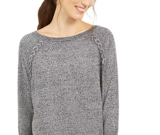 Suéter feminino com cadarço e acabamento em chevron, estilo &amp; co, preto, tamanho extra pequeno