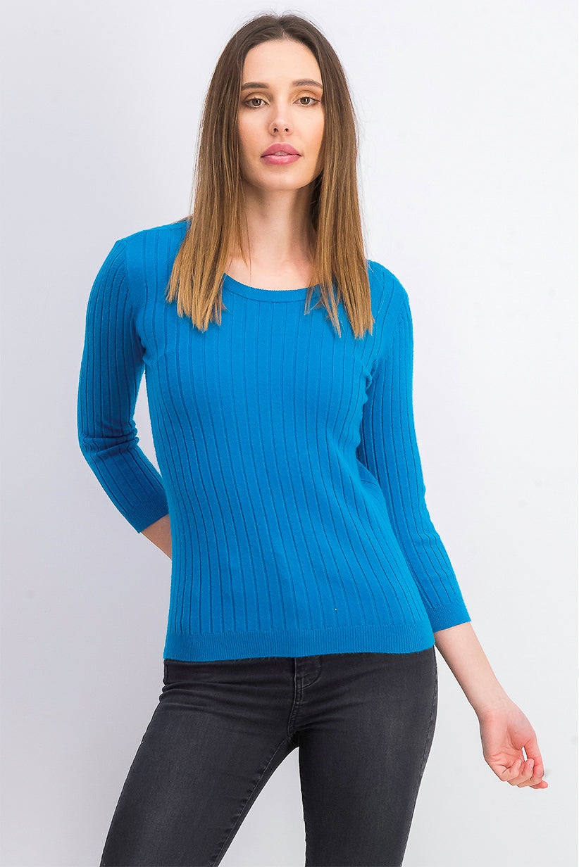 Suéter feminino Maison Jules com gola redonda canelada, azul, tamanho pequeno