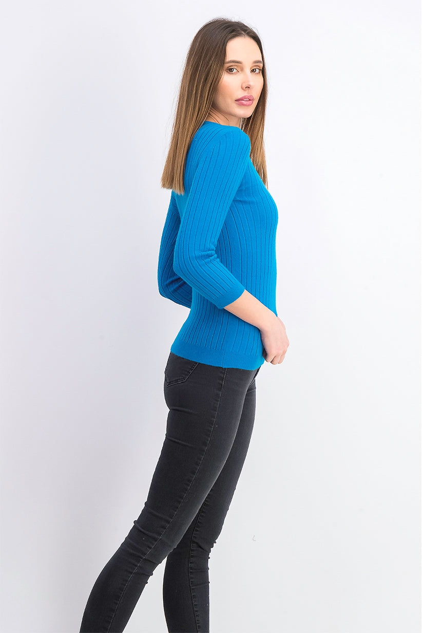 Suéter feminino Maison Jules com gola redonda canelada, azul, tamanho pequeno