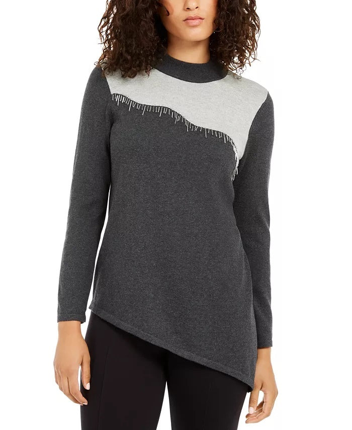 Suéter assimétrico com contas Alfani feminino cinza escuro tamanho médio