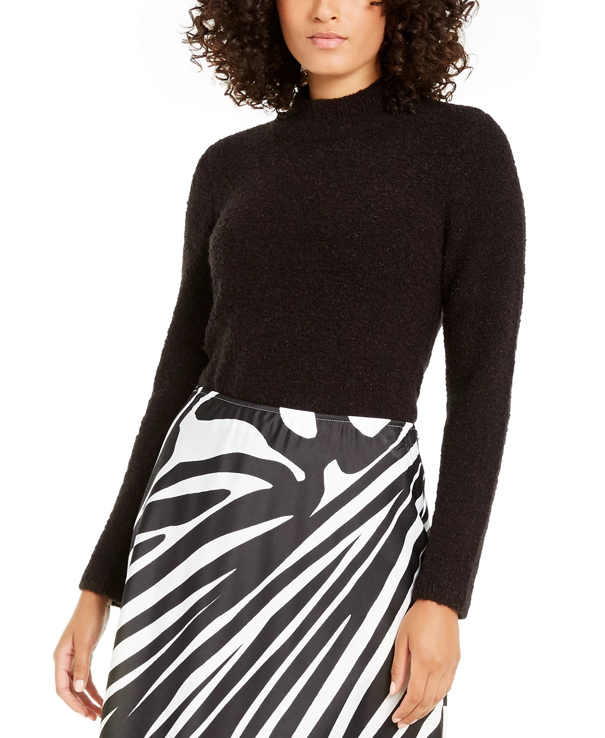 Suéter feminino Alfani com gola alta e bouclé, preto, tamanho grande