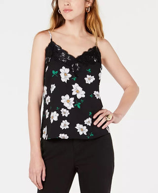 Camisola feminina Bar III com estampa floral e acabamento em renda, preta, tamanho pequeno