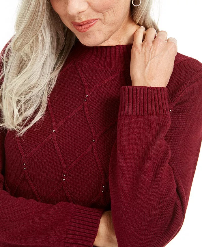 Karen Scott Suéter Feminino com Gola Simulada e Contas Vermelho Brilhante Tamanho Extra Pequeno