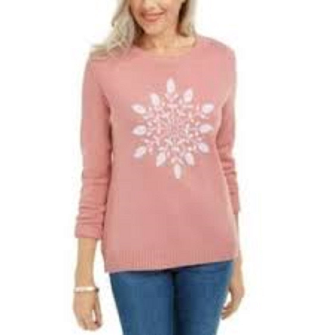 Karen Scott Suéter Feminino com Apliques de Floco de Neve Rosa Tamanho Médio