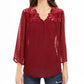 Blusa feminina estilo &amp; co com estampa de mídia mista e mangas transparentes, vermelho escuro, tamanho XXG
