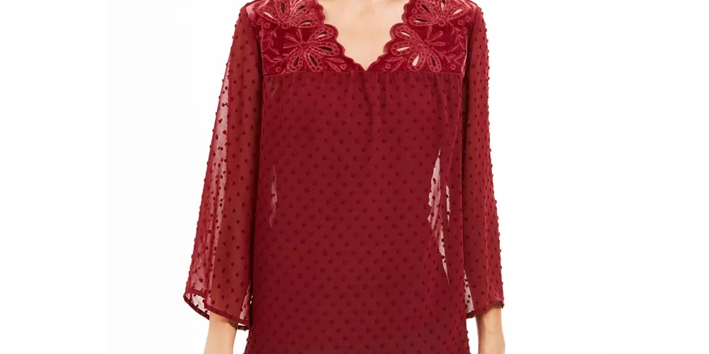Blusa feminina estilo &amp; co com estampa de mídia mista e mangas transparentes, vermelho escuro, tamanho XXG