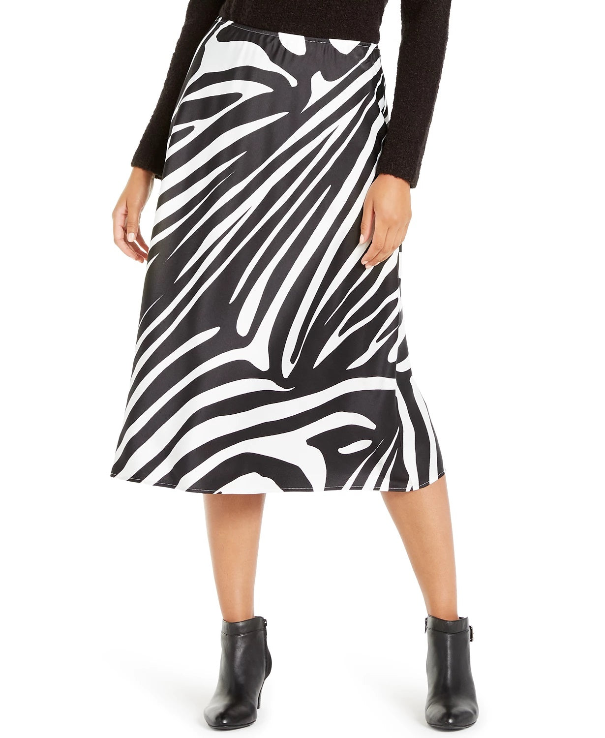 Saia midi evasê com estampa de zebra Alfani feminina, preta, tamanho 16