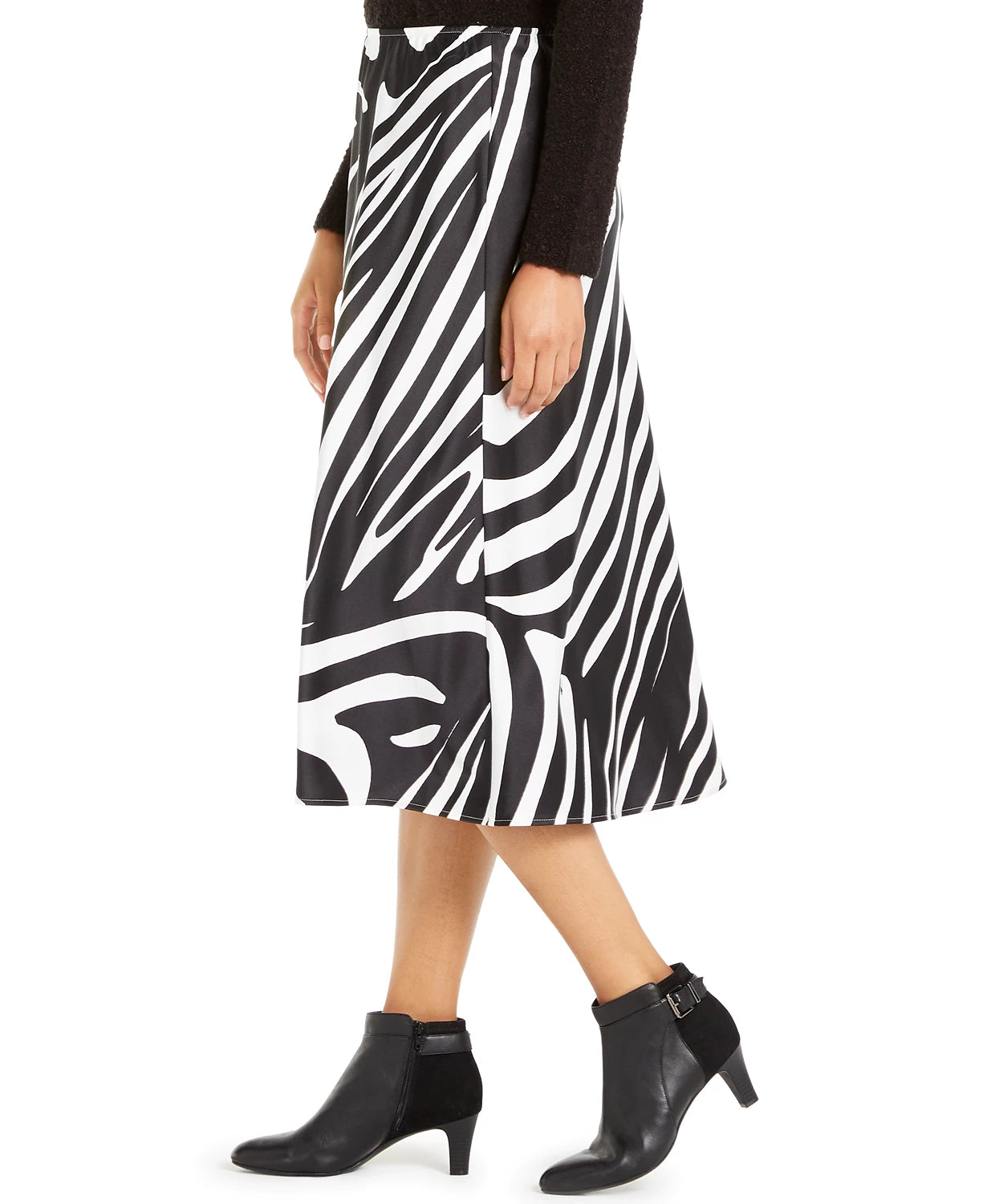 Saia midi evasê com estampa de zebra Alfani feminina, preta, tamanho 4