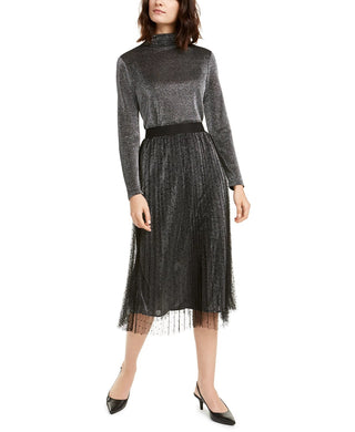 Saia midi metálica com bolinhas suíças Alfani feminina, cinza escuro, tamanho pequeno médio