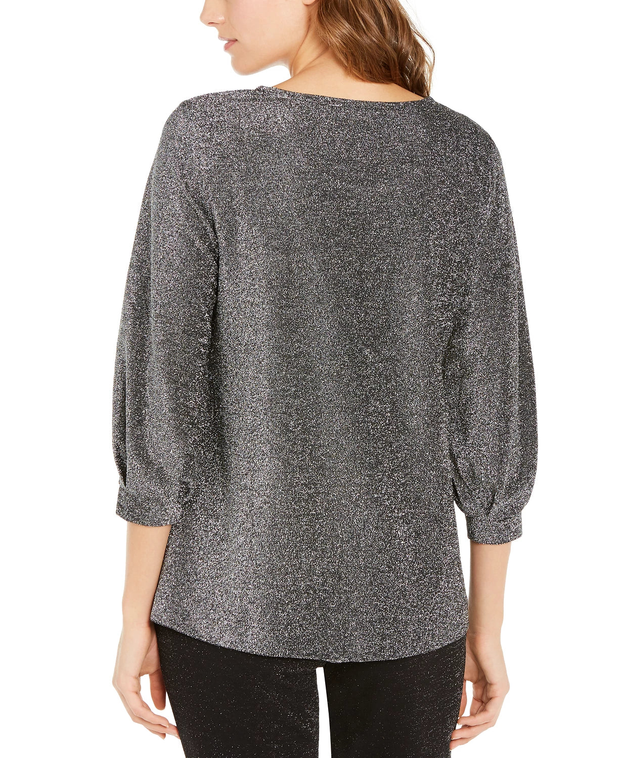 Blusa feminina Alfani de malha metálica com manga bispo, tamanho médio, cinza, tamanho X-S