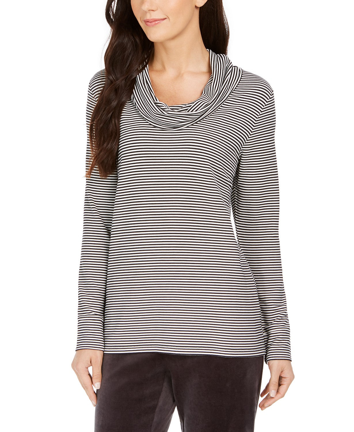 Blusa listrada com decote careca feminina Charter Club, preta, tamanho grande