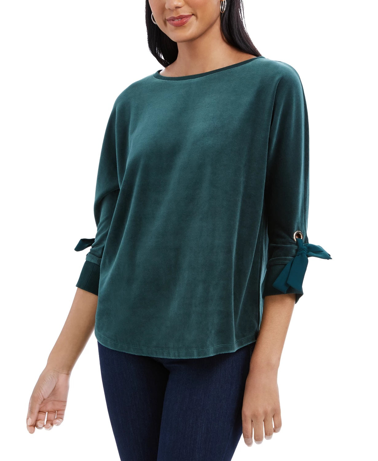 Charter Club Blusa de veludo com manga amarrada, feminina, verde, tamanho pequeno