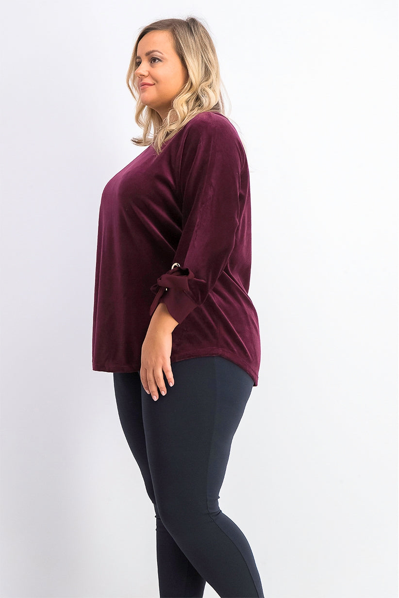 Blusa de veludo com mangas amarradas Charter Club feminina, roxo escuro, tamanho grande