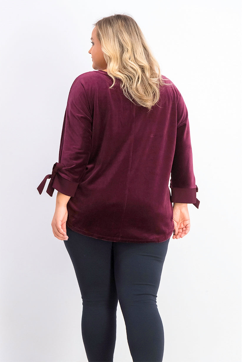 Blusa de veludo com mangas amarradas Charter Club feminina, roxo escuro, tamanho grande