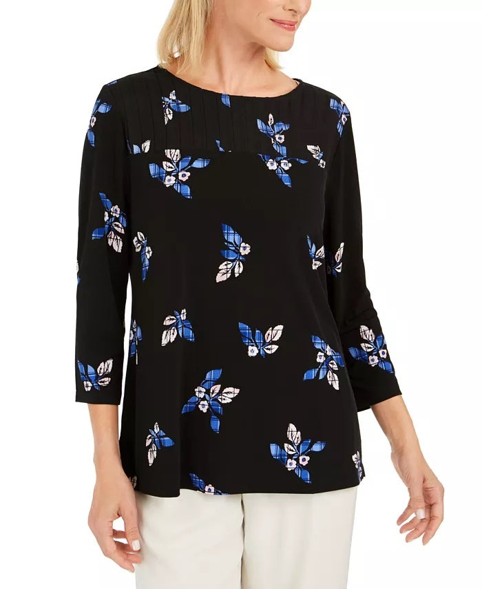 Blusa plissada com estampa floral feminina Charter Club, preta, tamanho X-S
