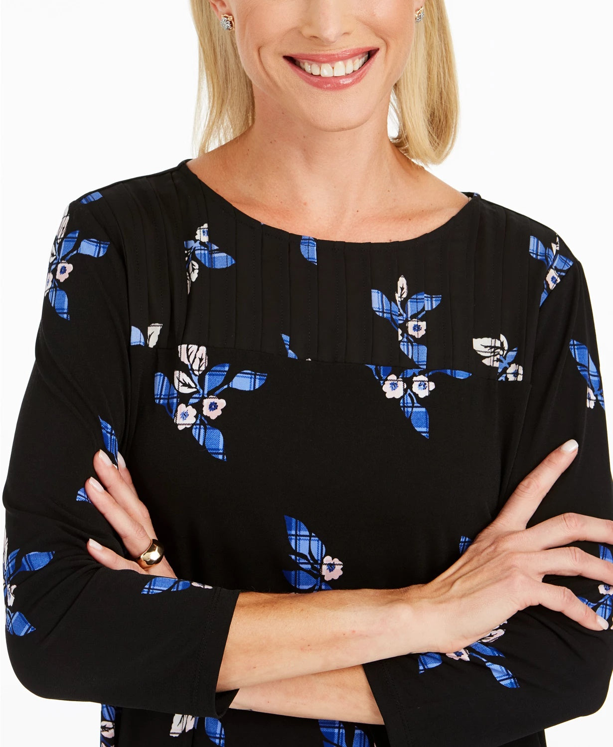 Blusa plissada com estampa floral feminina Charter Club, preta, tamanho X-S