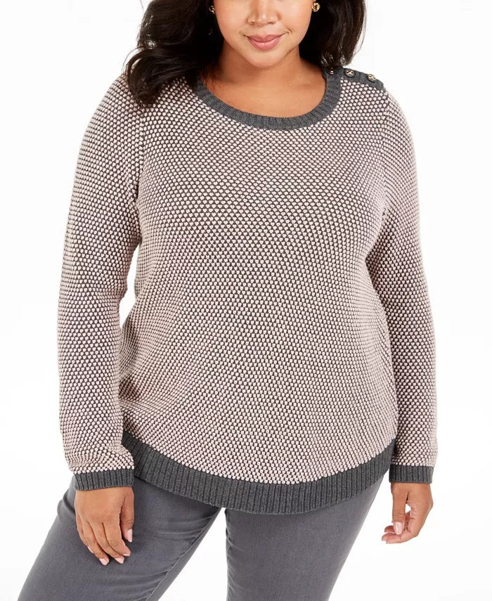 Suéter feminino plus size com botões e detalhes contrastantes Charter Club, preto, tamanho 1X