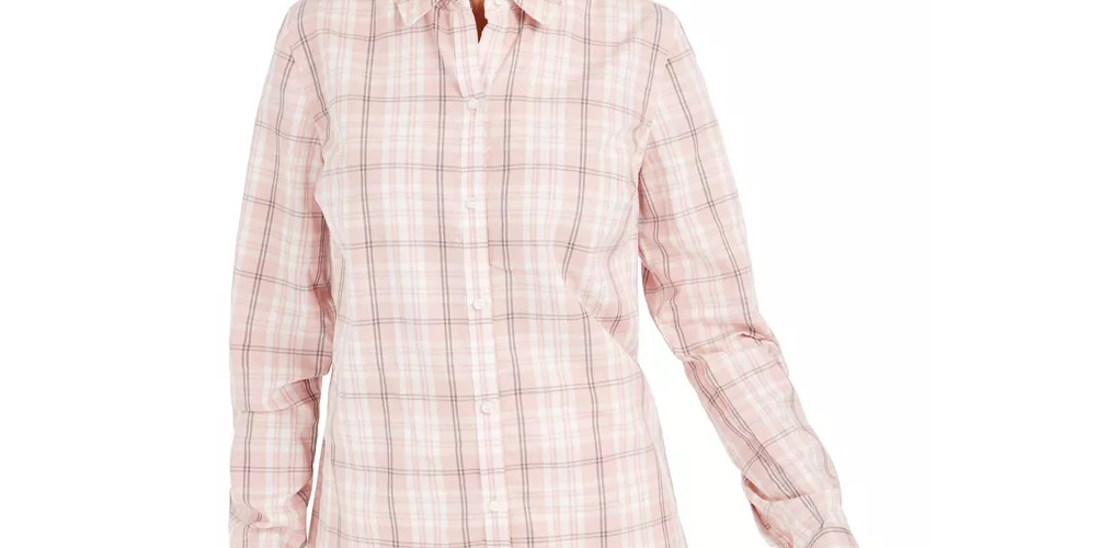 Camisa xadrez feminina Charter Club de algodão rosa tamanho pequeno