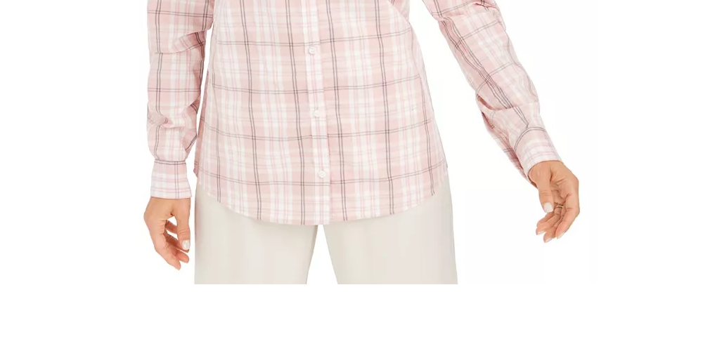 Camisa xadrez feminina Charter Club de algodão rosa tamanho pequeno