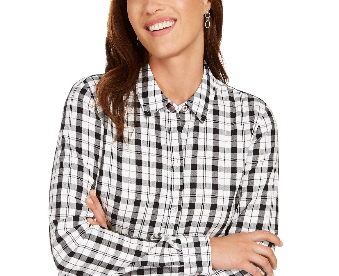 Camisa xadrez de algodão feminina Charter Club, branca, tamanho pequeno