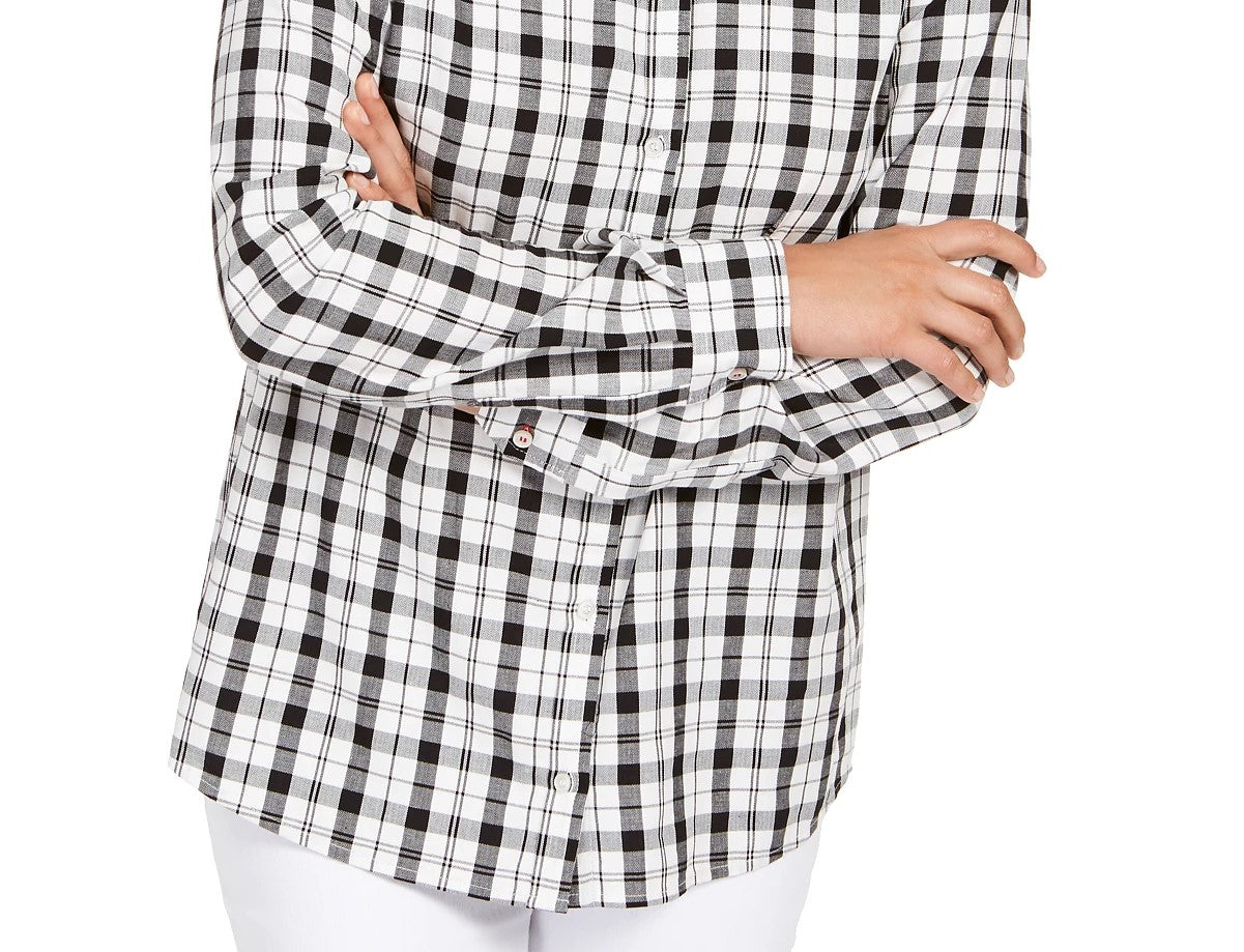 Camisa xadrez de algodão feminina Charter Club, branca, tamanho pequeno