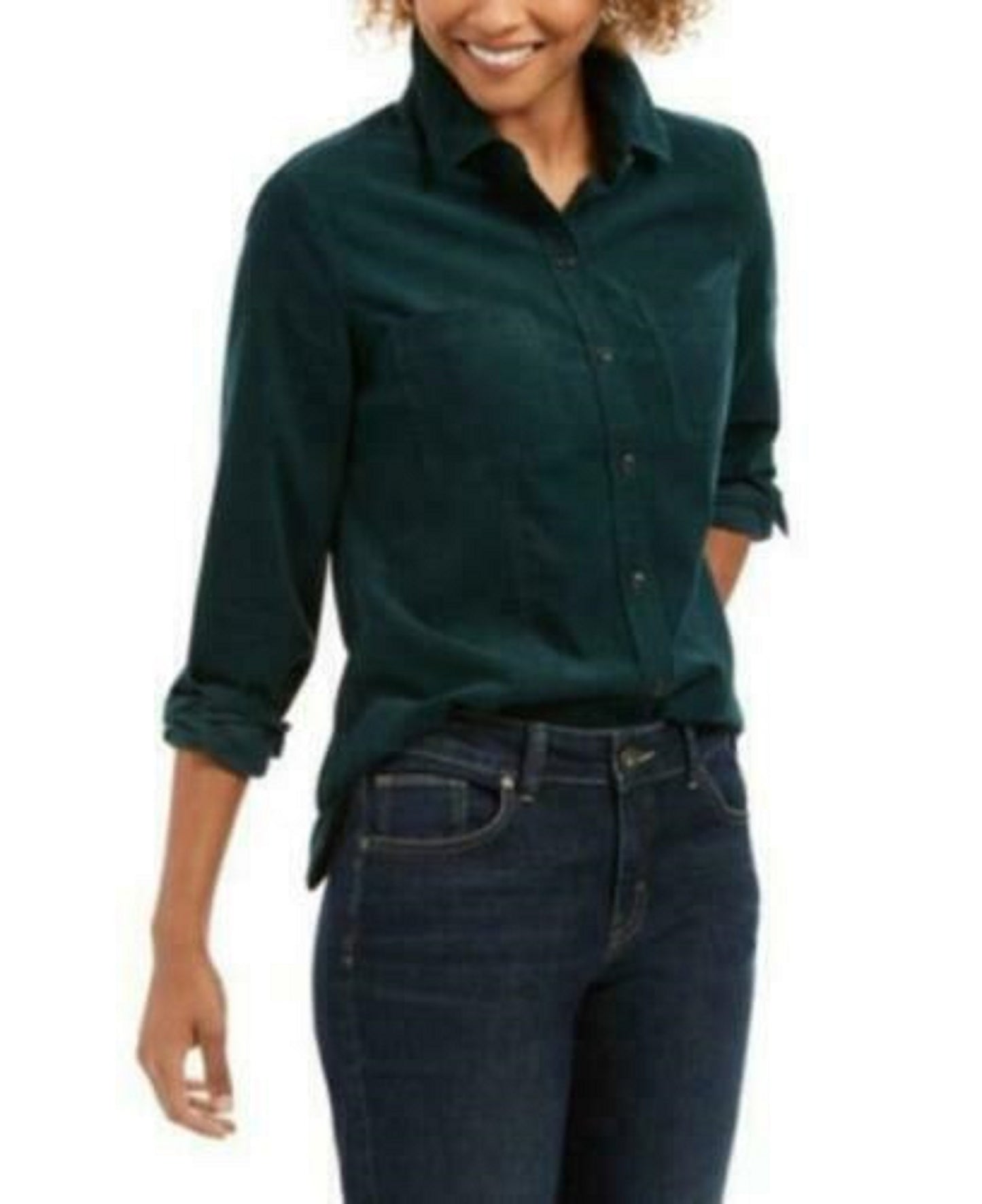 Camisa feminina de veludo cotelê liso Charter Club, verde escuro, tamanho médio